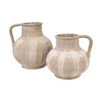 Decorative ceramic pitcher with a rounded body, integrated handle, and layered beige finish with subtle vertical glazing on white background