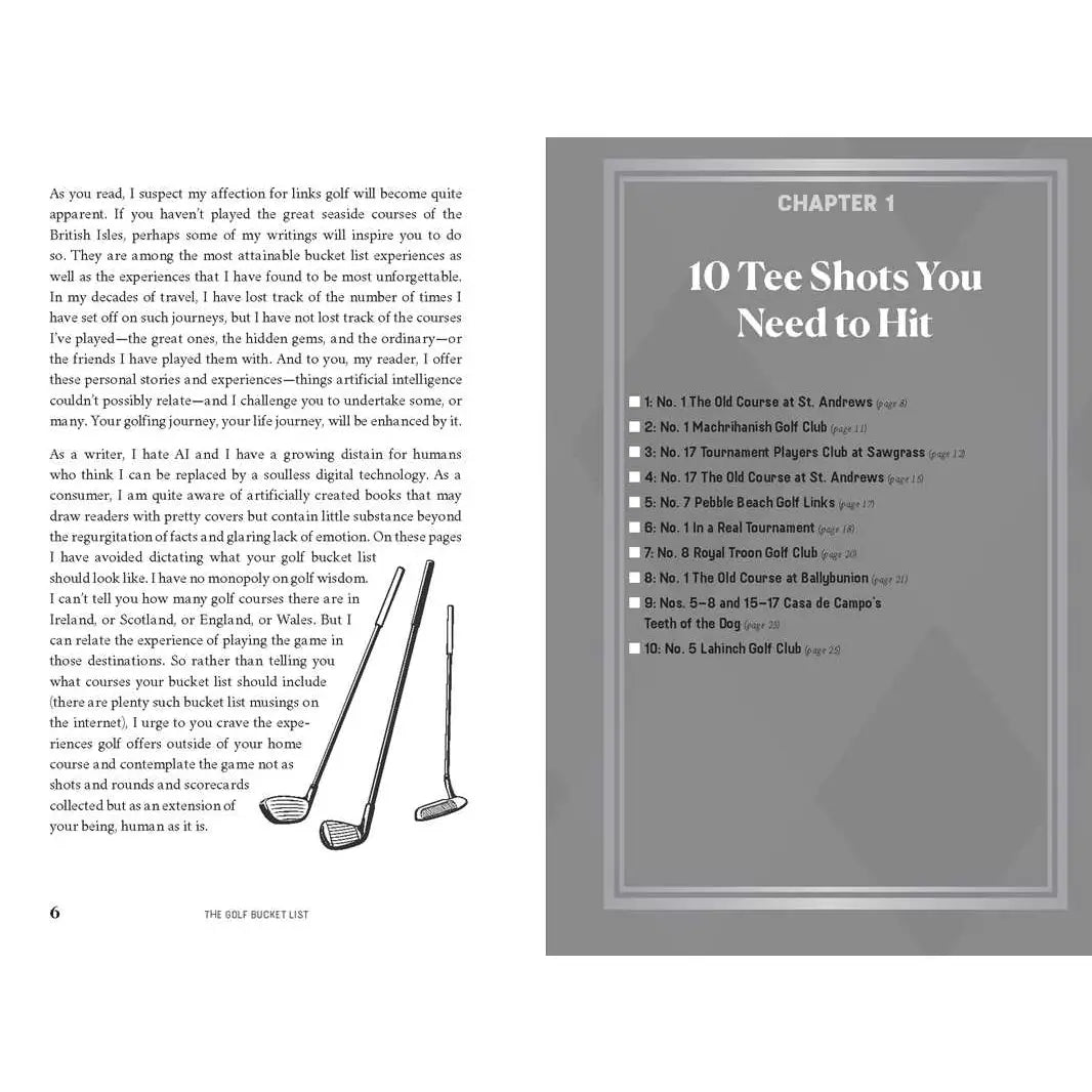 Golf-themed book page with text and golf club illustrations on a gray background