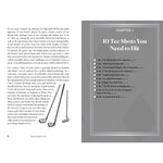 Golf-themed book page with text and golf club illustrations on a gray background