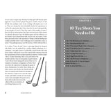 Golf-themed book page with text and golf club illustrations on a gray background