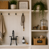 Nautical-themed bathroom with black faucet, towels, and decor.