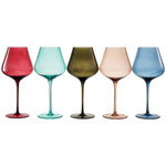 Five colorful wine glasses on a white background