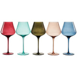 Five colorful wine glasses on a white background