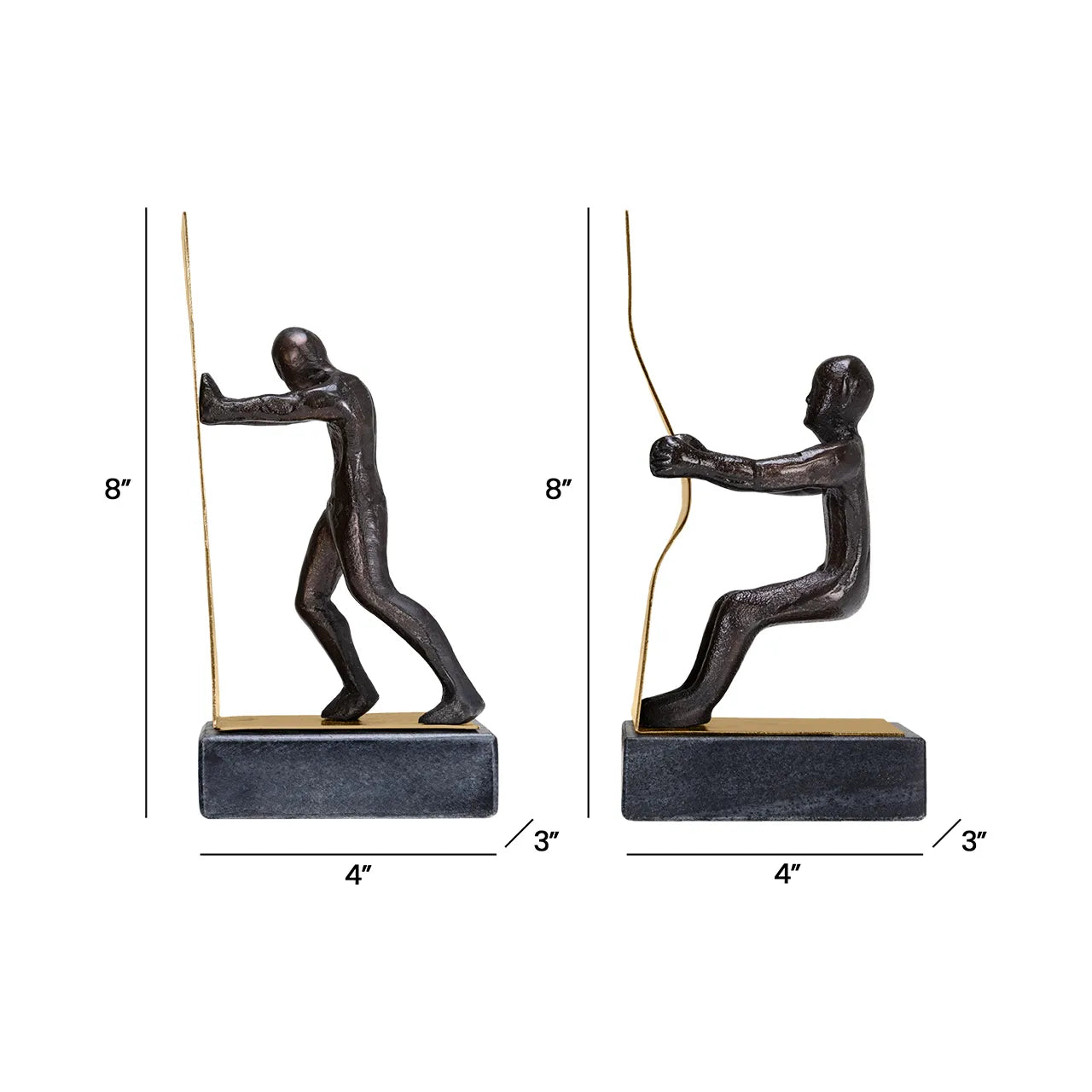 measurements of the Rodari Bookends showing two figures pushing and pulling on white background