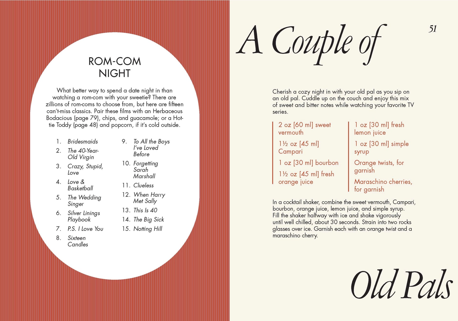 Page from a magazine or book with text and a list titled 'ROM-COM NIGHT' on a red and white background.