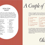 Page from a magazine or book with text and a list titled 'ROM-COM NIGHT' on a red and white background.