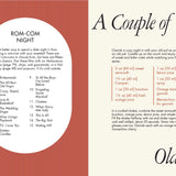 Page from a magazine or book with text and a list titled 'ROM-COM NIGHT' on a red and white background.