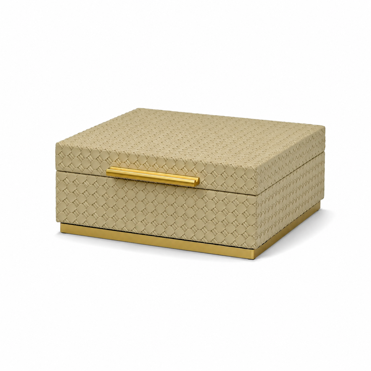 Beige woven vanity box with a gold handle on a white background