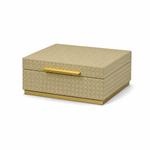 Beige woven vanity box with a gold handle on a white background