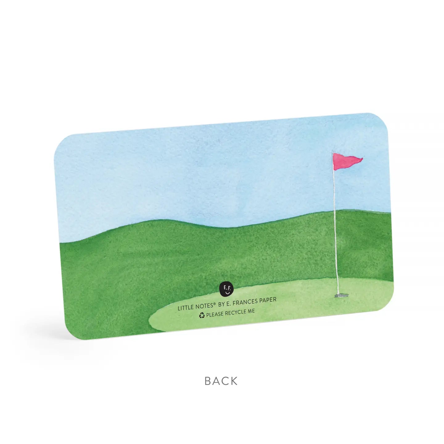 Golf-themed little note with a green field and pink flag on a white background
