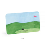 Golf-themed little note with a green field and pink flag on a white background