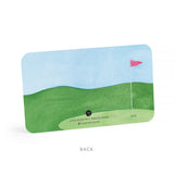 Golf-themed little note with a green field and pink flag on a white background