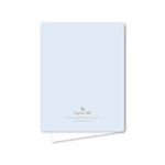 Light blue card with gold text and logo on a white background