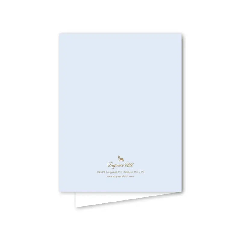 Light blue card with gold text and logo on a white background