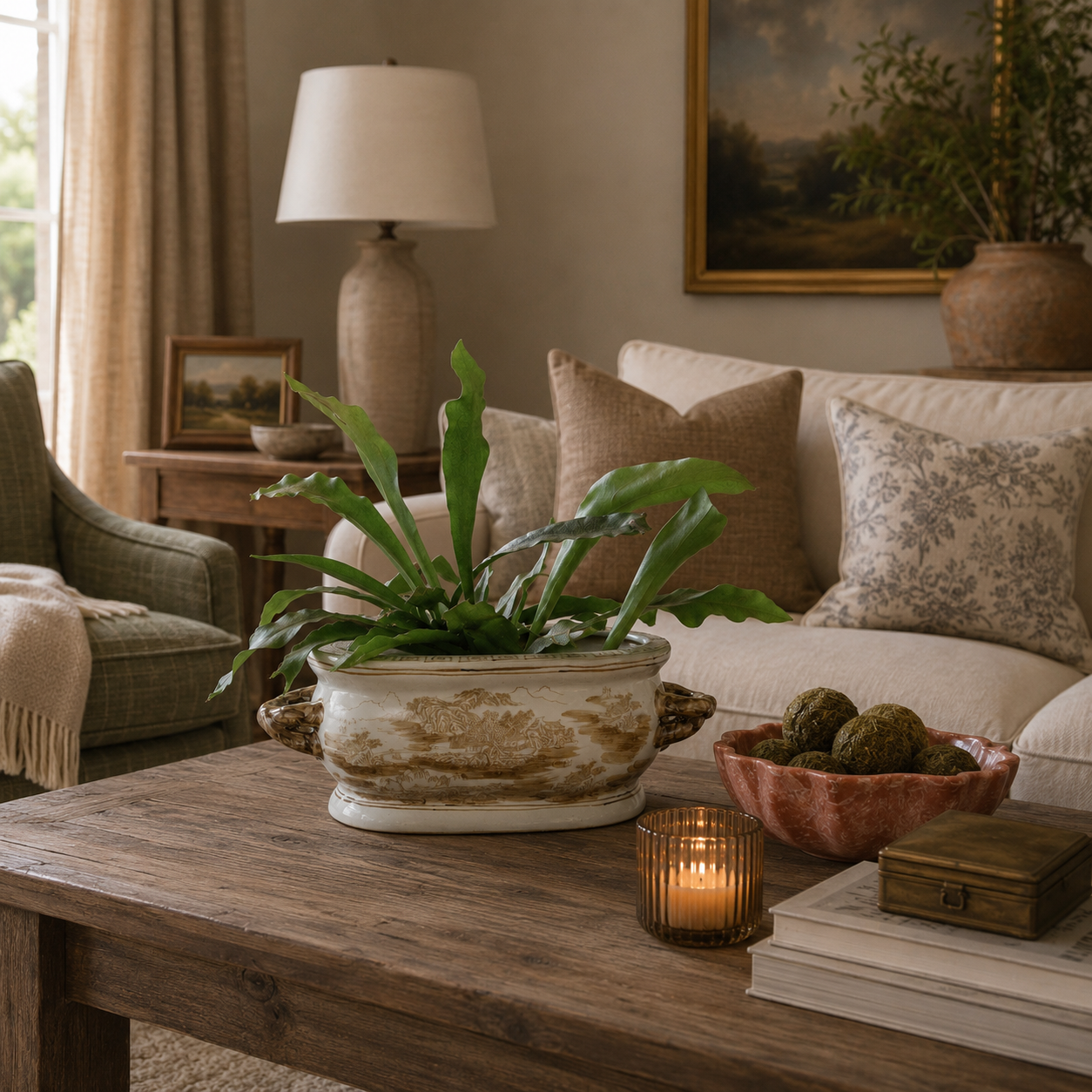 A green leafy plant in a decorative beige and white ceramic planter sits on a rustic wooden coffee table in a cozy living room setting with a sofa, pillows, a lit candle, and books.