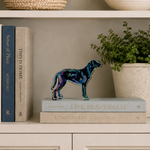 Decorative bookshelf with books, a colorful dog sculpture, and a plant.