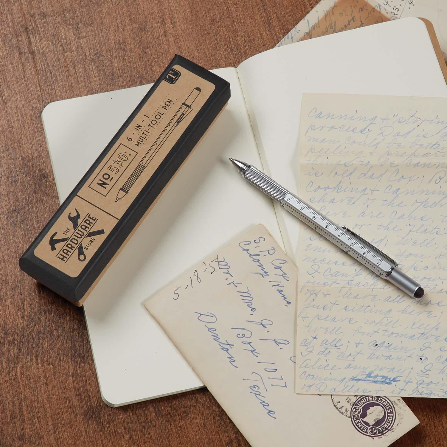 6-In-1 Multi Tool Pen in Gift Box shown with papers