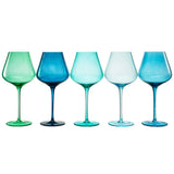 Set of five colorful wine glasses on a white background