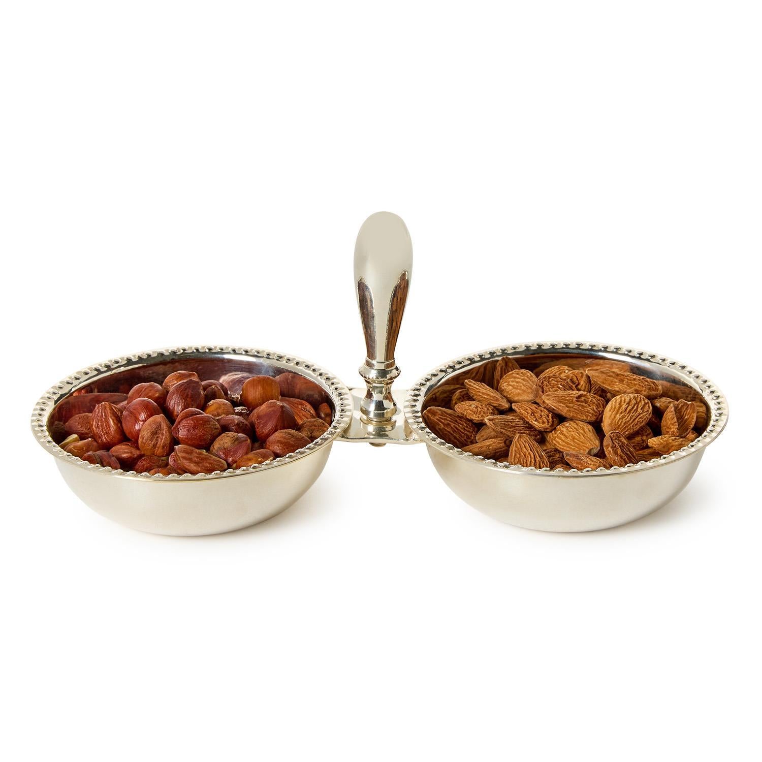 Silver Two Section Tidbit displaying nuts on white background