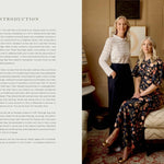 Two women in a living room with text on the left side