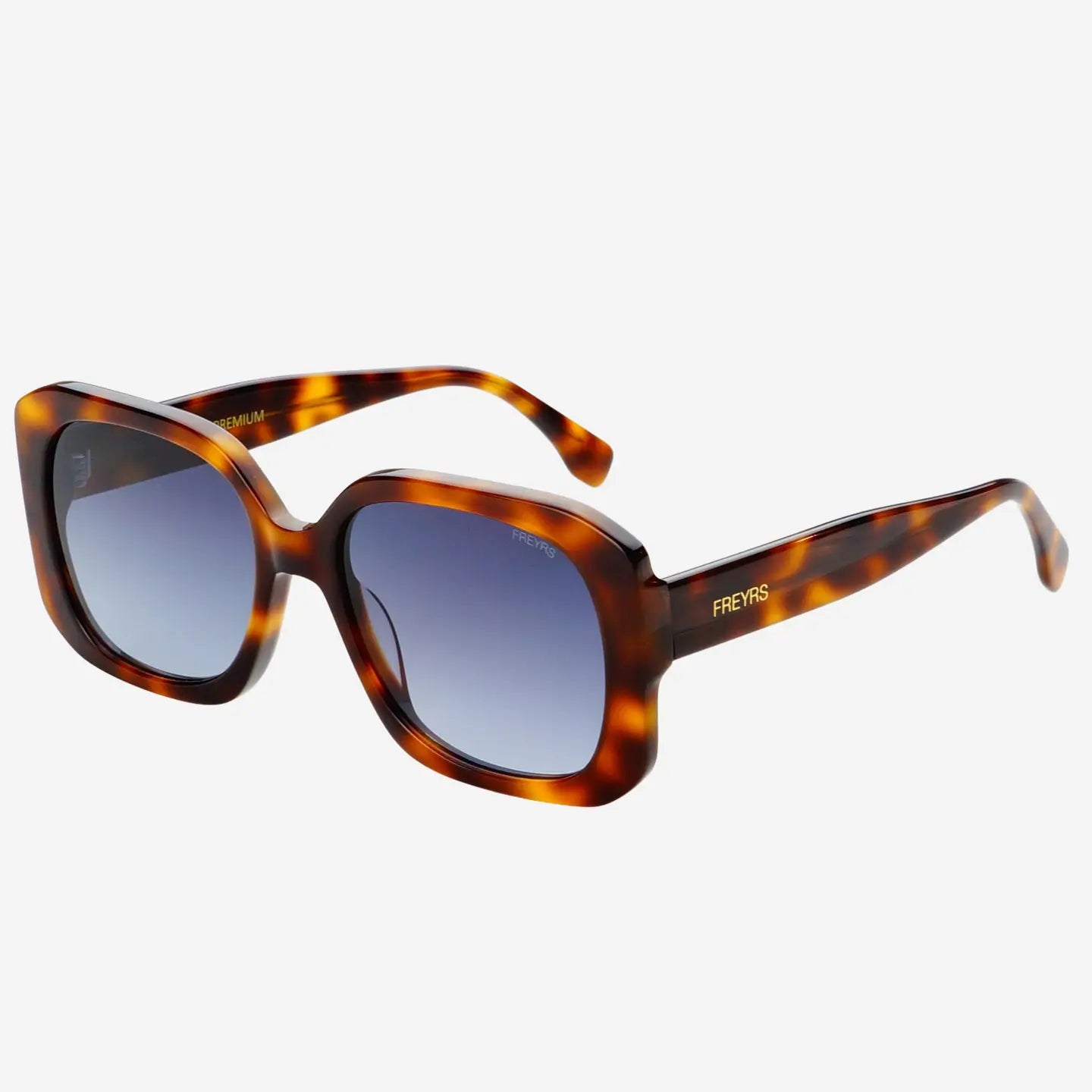 Sunglasses with tortoiseshell frame and blue lenses on a white background