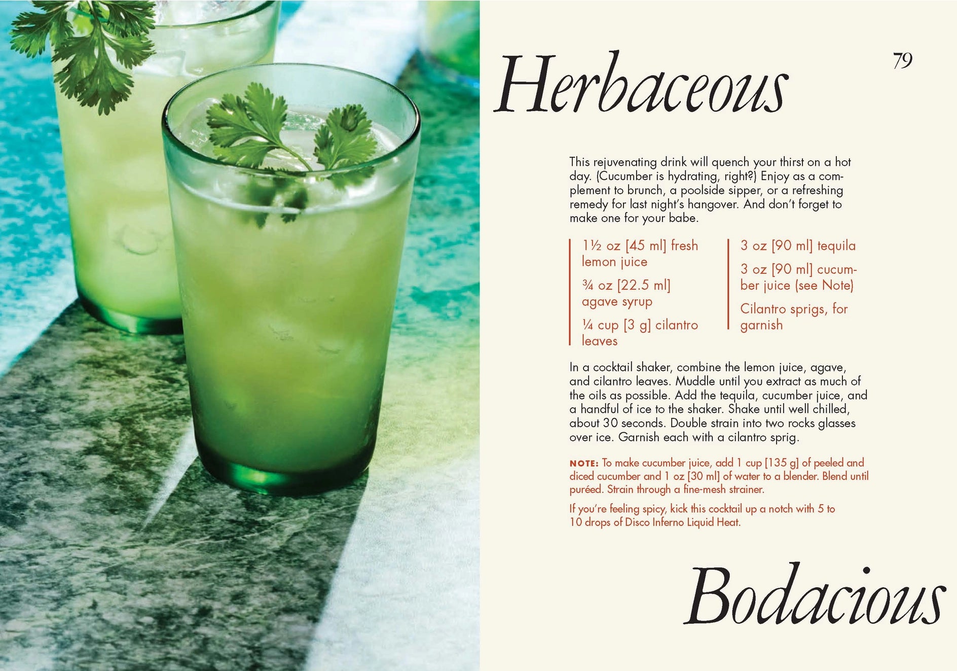 Two green cocktails with herbs on a marble surface, accompanied by a recipe card titled 'Herbaceous' from a magazine.