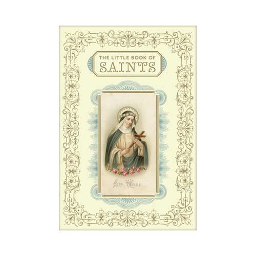 Book cover of 'The Little Book of Saints' with a decorative design and an illustration of a saint.