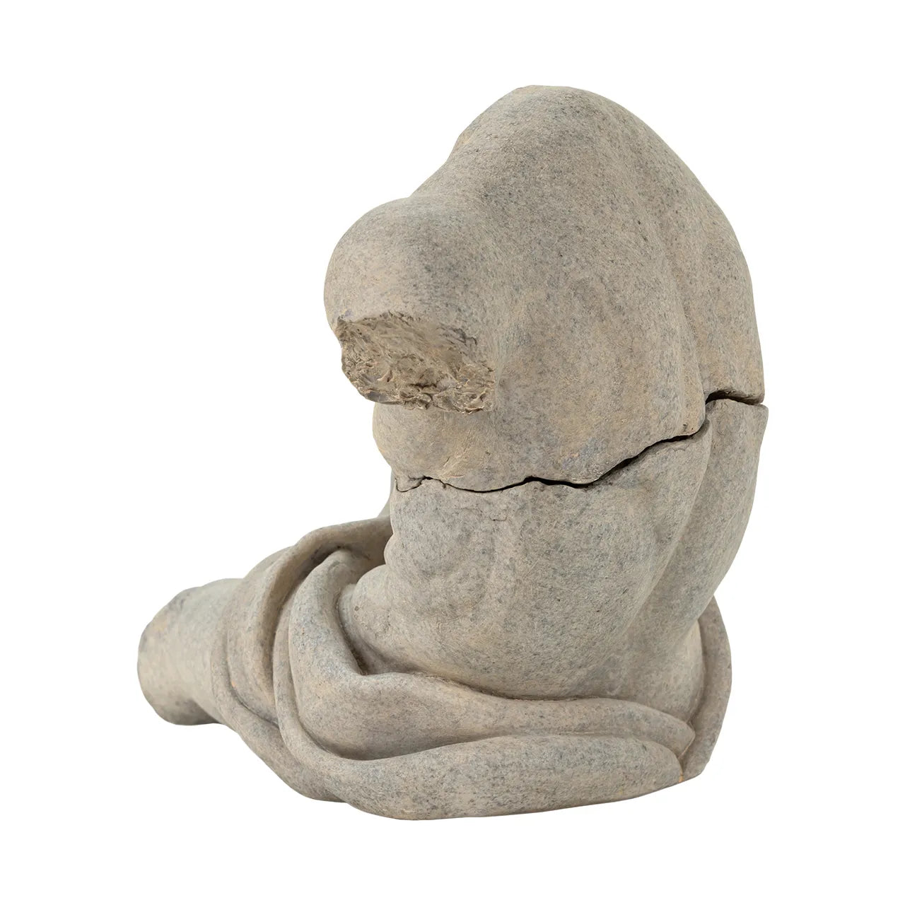 Soul in Stone Sculpture weathered gray torso sculpture in a reclining position on white background