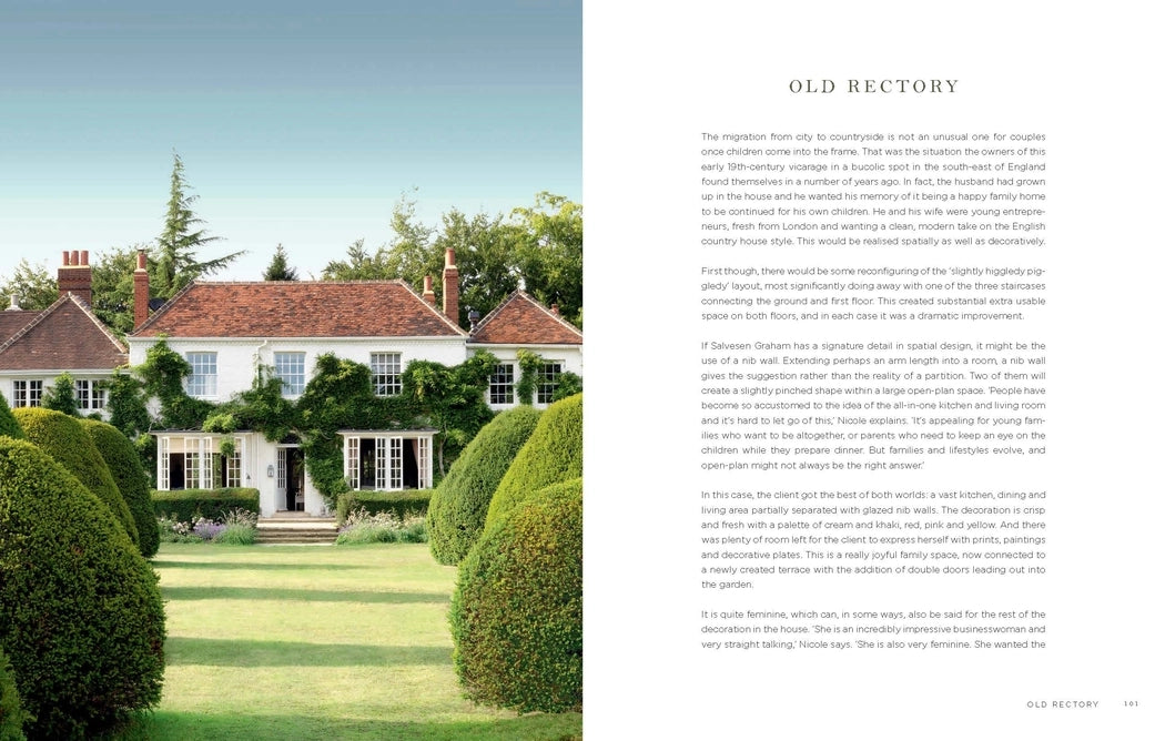 Stately home with manicured garden and text on the right
