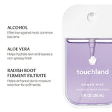 Touchland power mist hand sanitizer packaging with ingredients listed on a white background