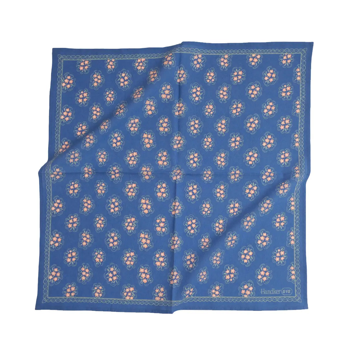 Blue scarf with pink floral pattern on a white background