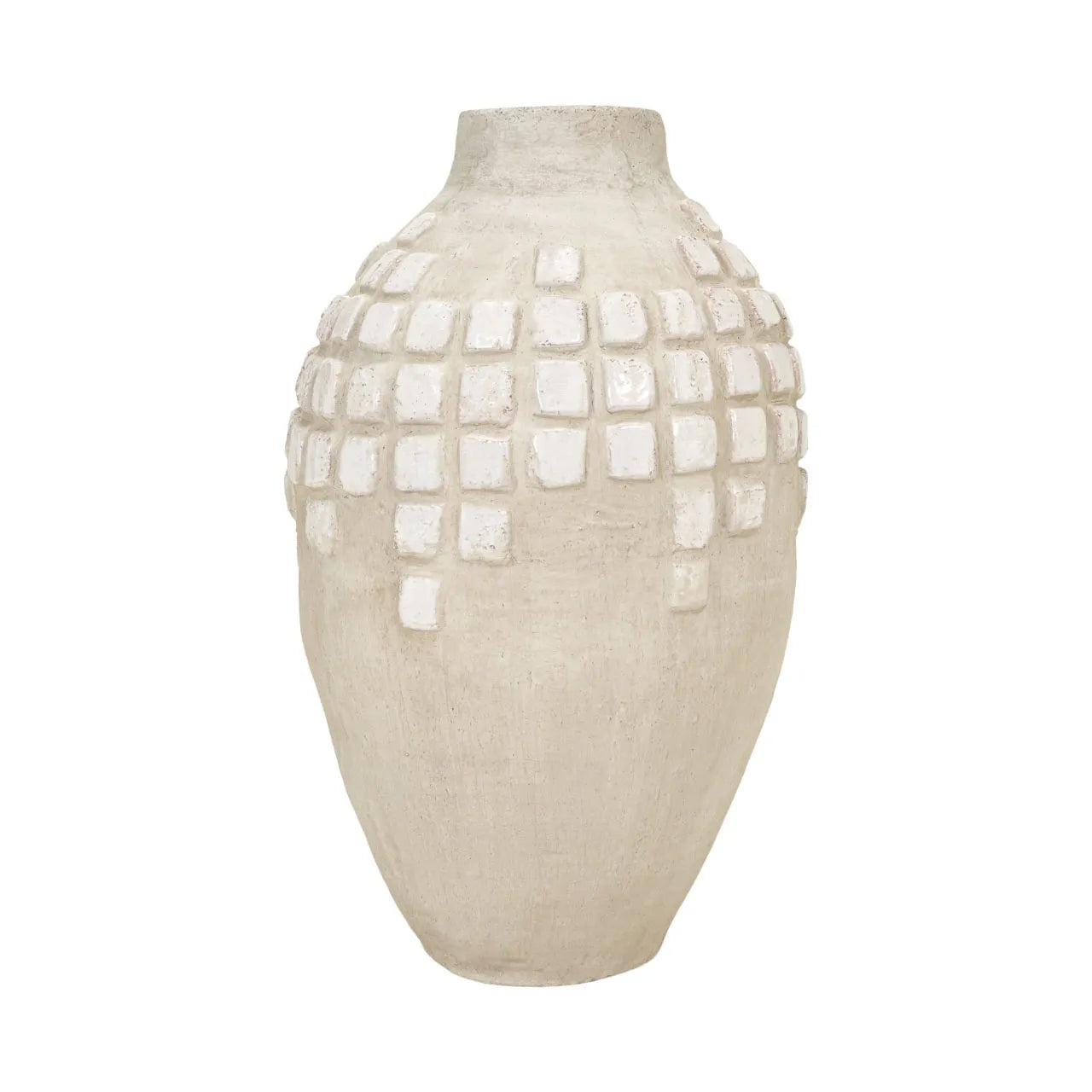 tall grey washed vase with white accents on a white background