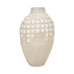tall grey washed vase with white accents on a white background