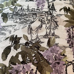 Vintage-style fabric print with black and white figures, purple flowers, and green leaves on a beige background. floral and toile 