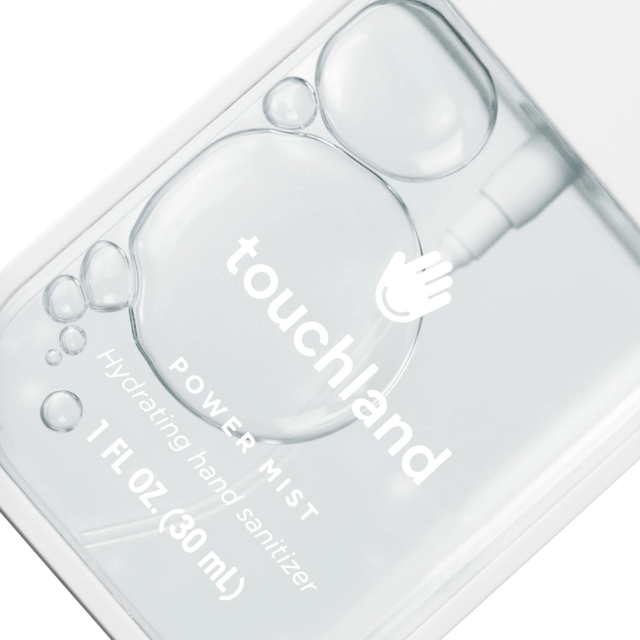 Clear hand sanitizer bottle with 'touchland' branding on a white background