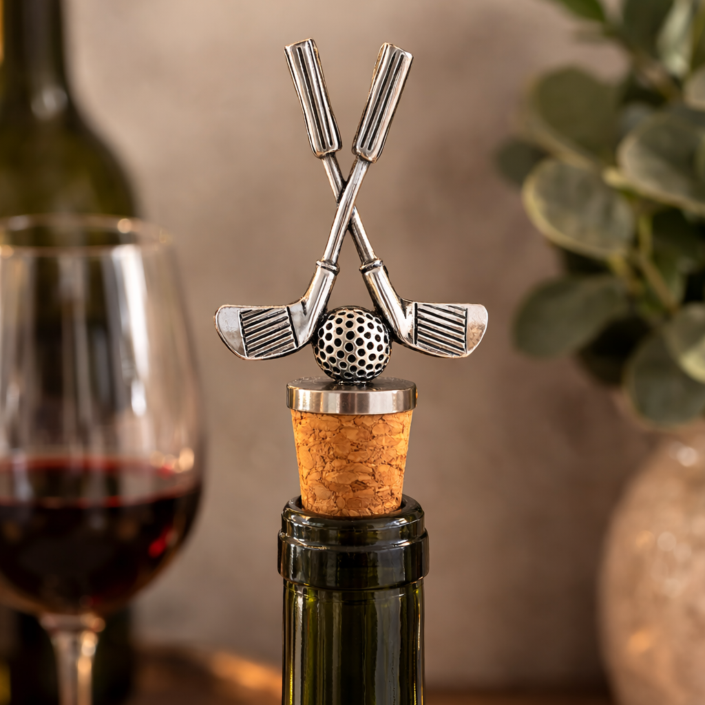 Wine bottle with a decorative stopper featuring golf clubs and a ball, set against a blurred background with a glass of wine and plant.