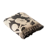 Floral patterned throw blanket with fringe on a white background
