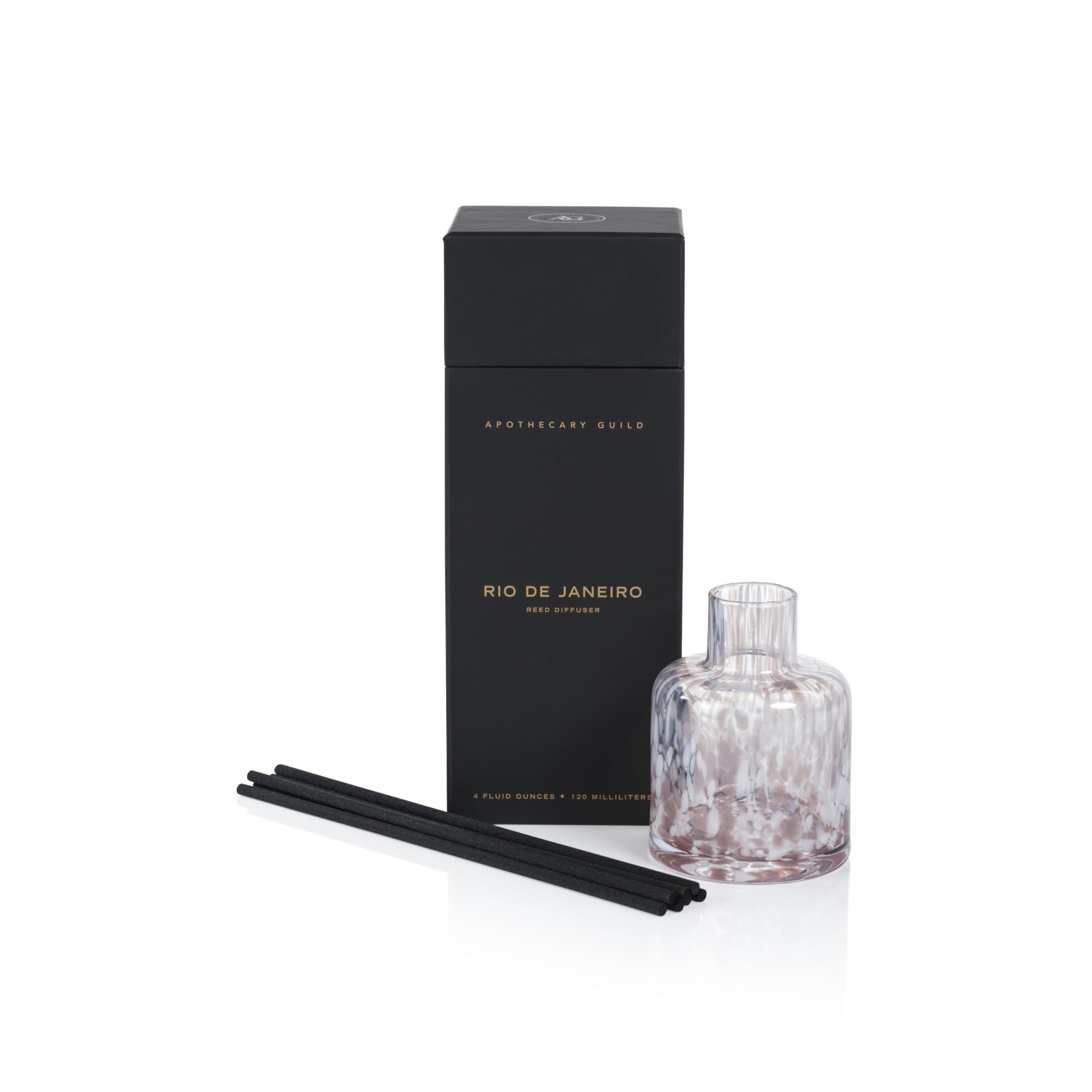 Aromatherapy diffuser set with a black box, glass diffuser bottle, and black sticks on a white background.