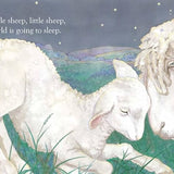 Illustration of two sheep in a grassy field with a night sky.