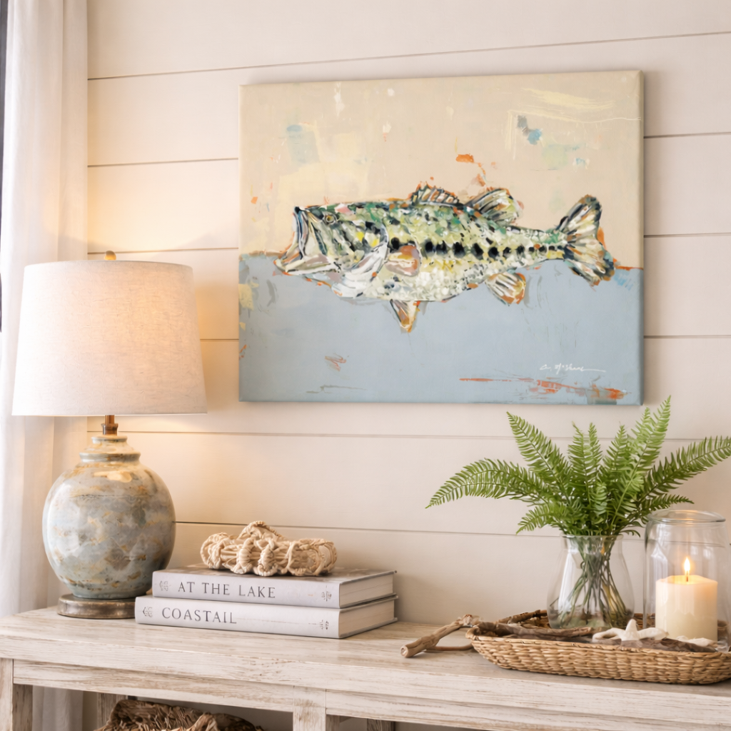 Decorative wall art of a fish on a wooden shelf with books, a lamp, and a candle.