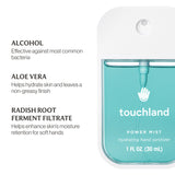 Touchland power mist hydrating hand sanitizer with ingredients listed on a white background