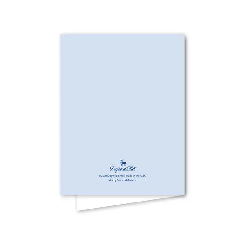 Light blue card with a small logo and text on a white background