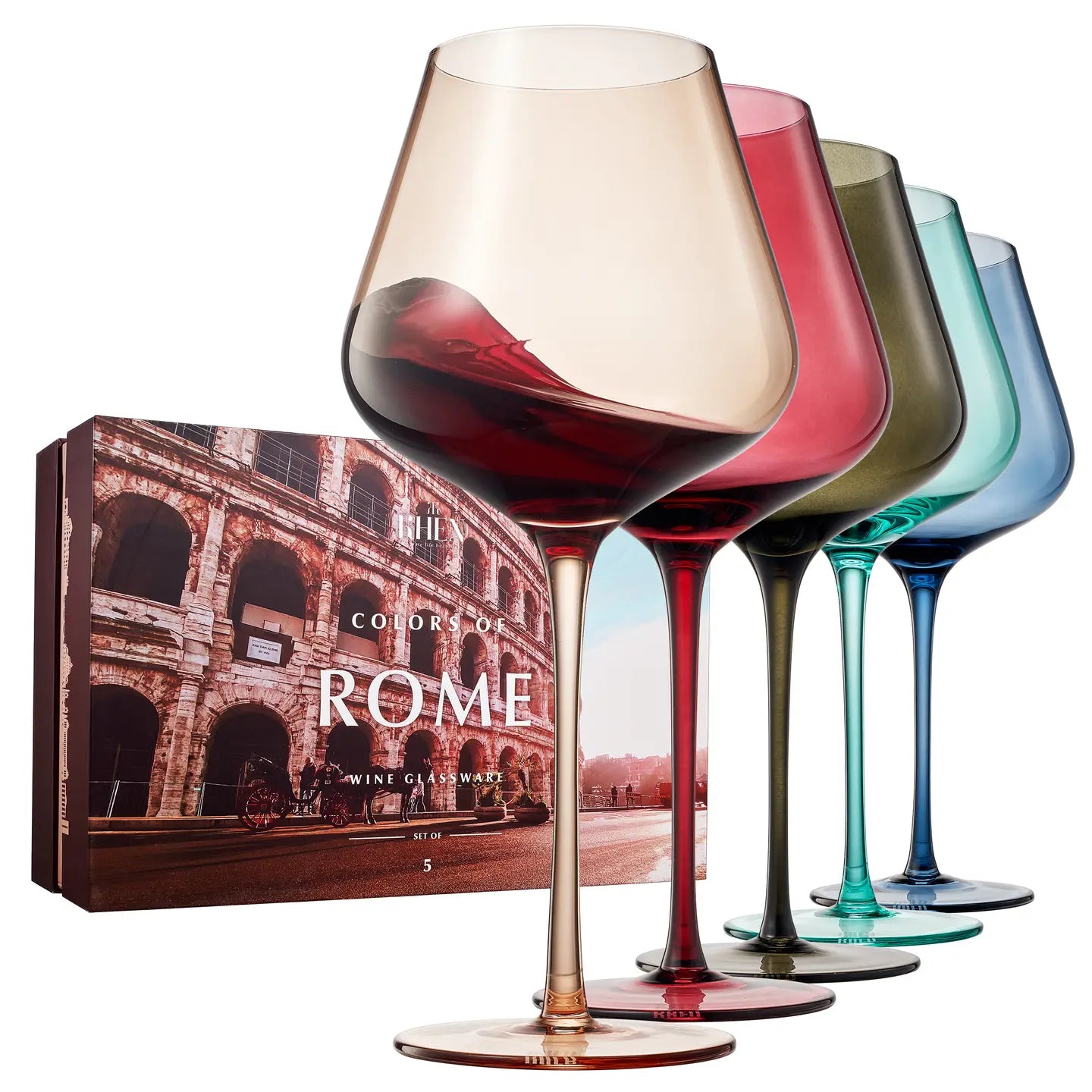 Set of four multicolored wine glasses with a 'Colors of Rome' box.