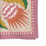 Close-up of a colorful fabric with floral patterns on a white background