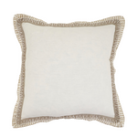 A square decorative throw pillow with a textured off-white center and a ruffled border in a warm taupe-beige color, shown against a plain white background.