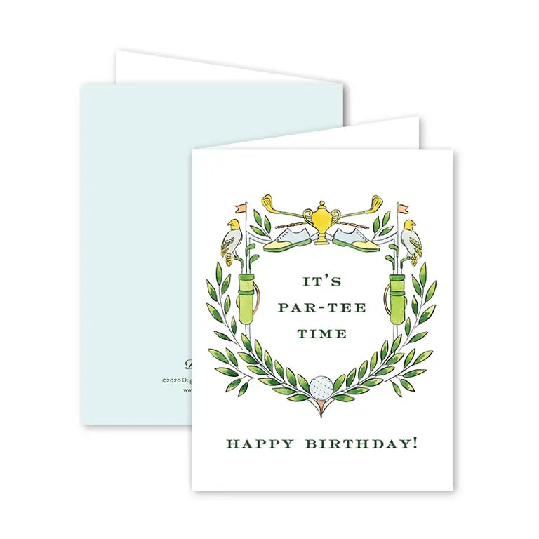 Birthday card with golf-themed design and 'It's Par-tee Time' text on a white background.