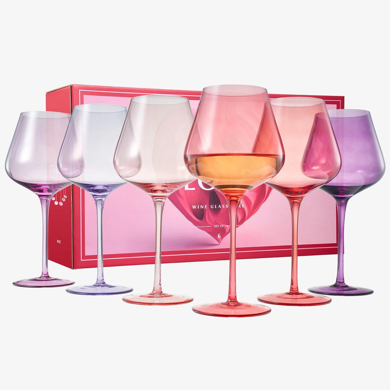 Set of colorful wine glasses with a box in the background