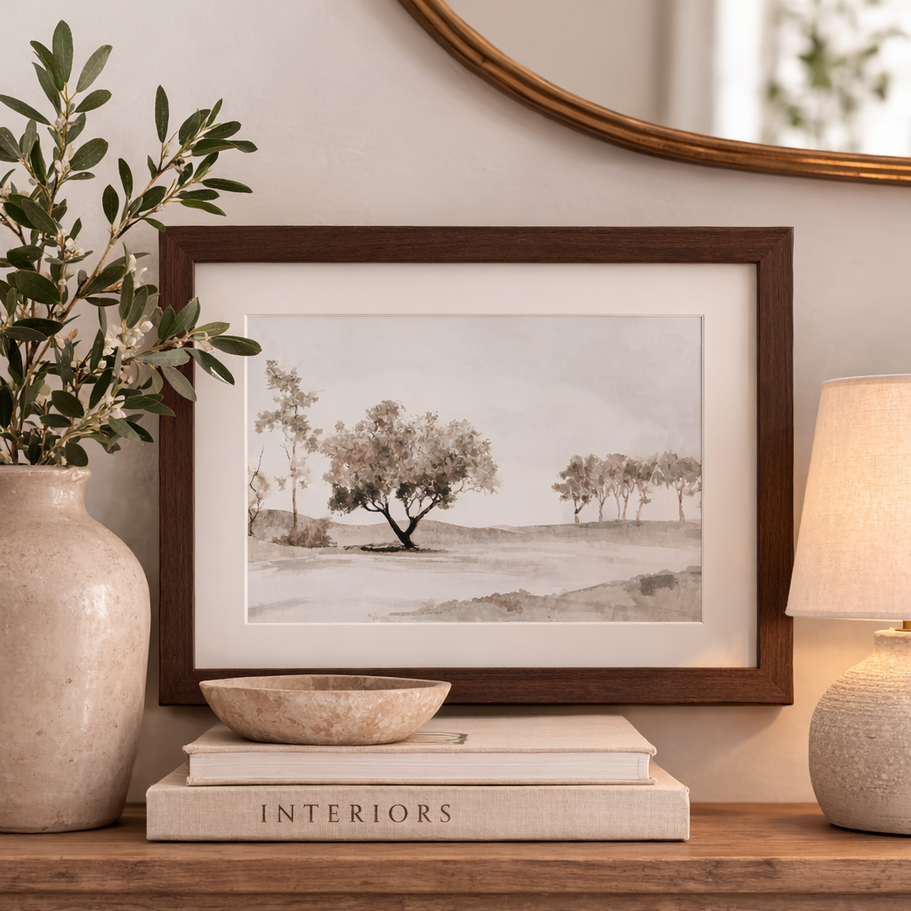 Framed landscape print on a shelf with decorative items