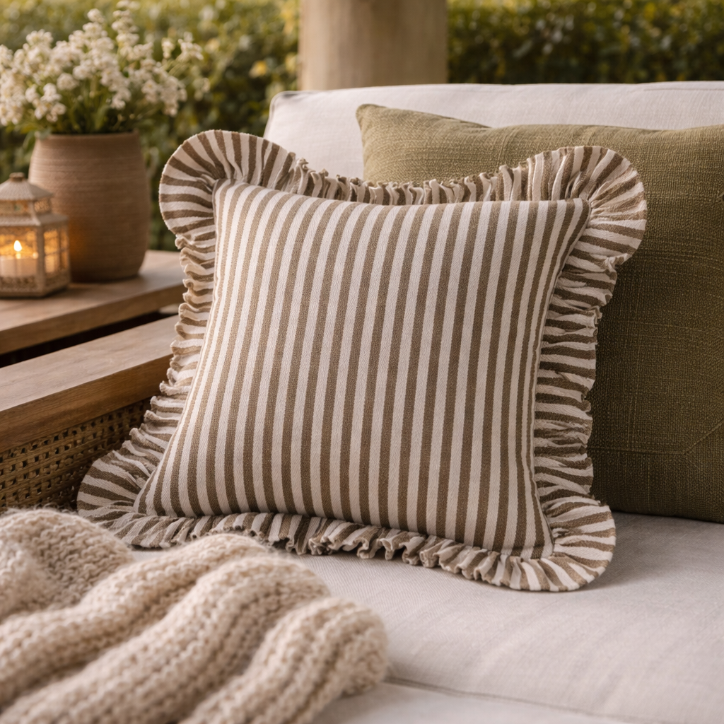 Striped pillow with ruffled edges on a couch outdoors