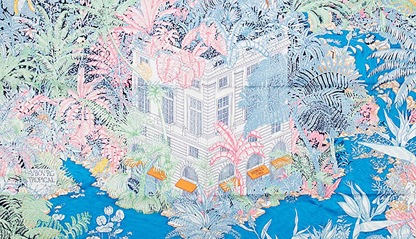 Colorful illustration of a building surrounded by floral and botanical elements.